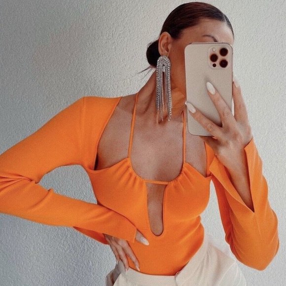 NWT - Zara Cut Out Long Sleeve Knit Bodysuit Orange - Picture 2 of 7